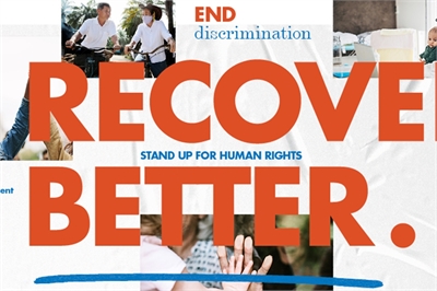 [ai] A collage of diverse images showcasing people engaging in community activities, with a prominent message saying "RECOVER BETTER" and small text urging to "END discrimination" and "STAND UP FOR HUMAN RIGHTS."
